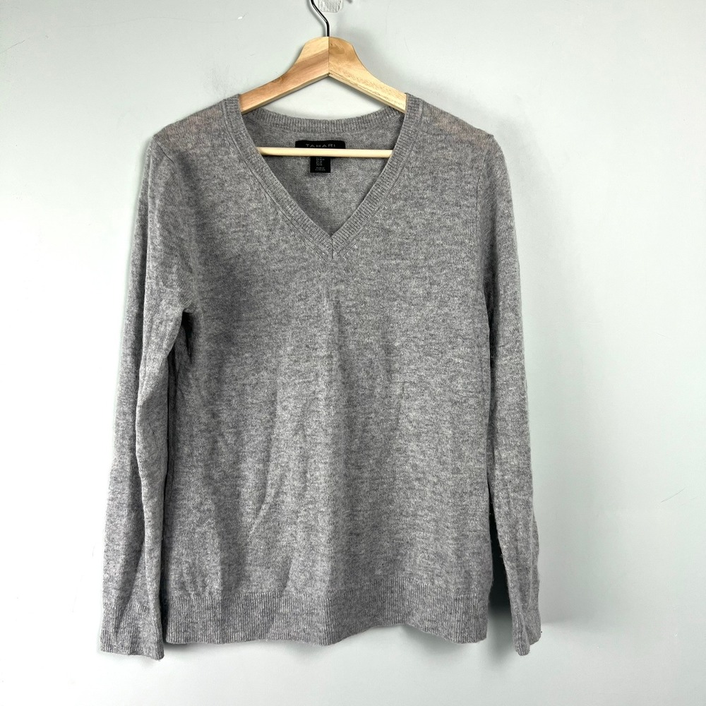 Tahari Womens 100% 2-Ply Cashmere V-Neck Sweater M Gray Capsule Office Classic